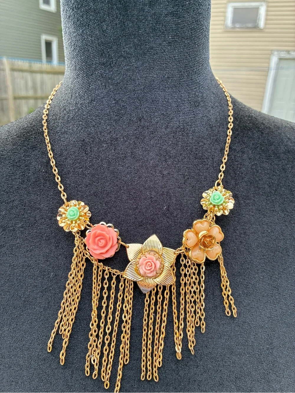 Gold Floral Fringe Necklace with Coral and Mint Flower Accents